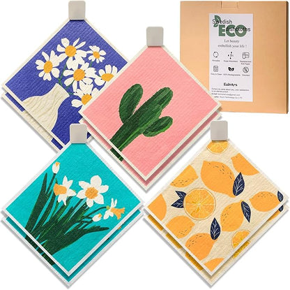 Eulnars Swedish Dishcloths for Kitchen, 8 Pack Reusable Paper Towels with Clips, Non-Scratch Swedish Dish Towels, Super Absorbent Cellulose Sponge Cloths, Assorted