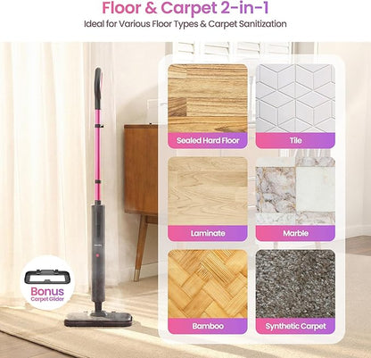 Schenley Steam Mop Cleaner Powerful - 15s Fast Heat-Up, Chemical-Free for Hardwood/Tile/Laminate & Floors/Walls, Washable Pads, 3 Modes for Carpet, Lightweight, Self-Standing, Sleek Design