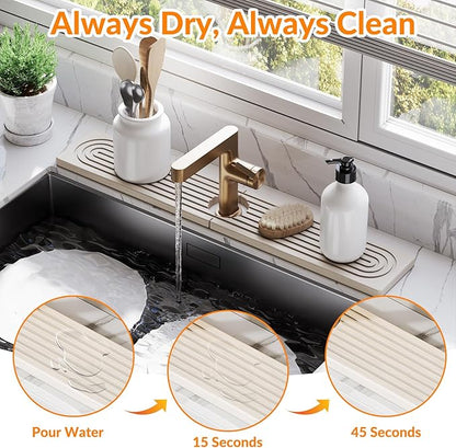 23.6 Inch Stone Faucet Mat for Kitchen Sink Splash Guard, Diatomite Sink Protectors for Kitchen Sinks Behind Faucet, Quick Dry Water Absorbing Stone Tray , Drip Catcher (White, 23.6" x 3.9")