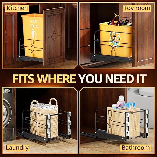 Pull Out Trash Can Under Cabinet with Soft-Close Slides, Heavy-Duty 200LB Black Under Sink Trash Can Organizer for Kitchen, Fits Minimum Cabinet Opening 12" W x 17" D, Garbage Can Not Included