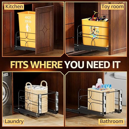 Pull Out Trash Can Under Cabinet with Soft-Close Slides, Heavy-Duty 200LB Black Under Sink Trash Can Organizer for Kitchen, Fits Minimum Cabinet Opening 12" W x 17" D, Garbage Can Not Included