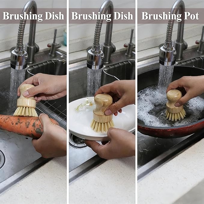 Bamboo Dish Scrub Brush with Bamboo Pan Scraper, Sisal Round Brush, Kitchen Cleaning Tools for Kitchen Pots, Bowls, Plates, Cutting Boards and Vegetables Cleaning Without Scratching