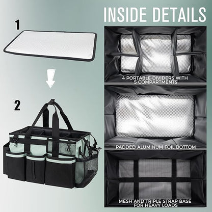SCAVATA Wearable Cleaning Caddy, Cleaning Caddy Supplies Organizer with Handle & Shoulder Straps for Housekeepers, Under Sink & Car Cleaning Tool Organizers Bag with 4 Foldable Divider (Celadon)