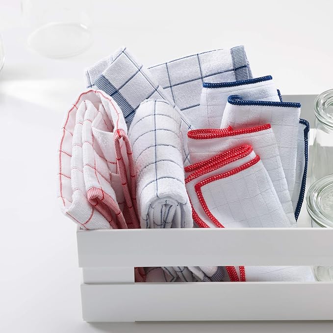 E-Cloth Wash & Wipe Dish Cloth, Premium Microfiber Cleaning Cloth, Ideal Dish Towels for Drying Dishes, Glasware, Cookware and Countertops, 100 Wash Guarantee, White with Blue Trim, 4 Count