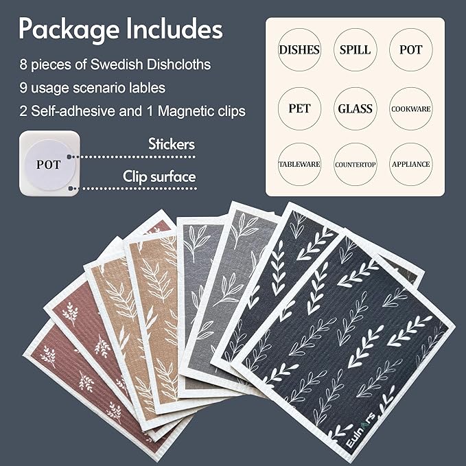 Eulnars Swedish Dishcloths, 8 Pack Reusable Paper Towels with Clips, Quick Drying Dish Towels, Super Absorbent Cellulose Sponge Cloths, No Odor, Kitchen Cleaning Essentials