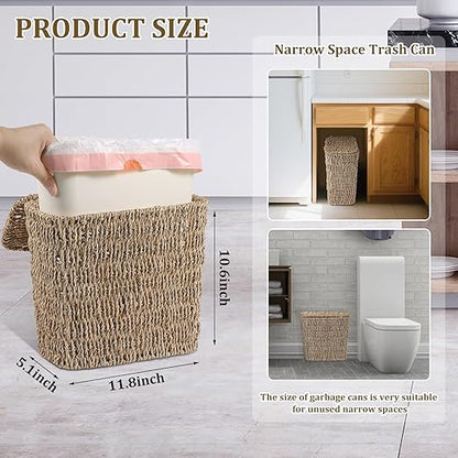 Wicker Waste Basket with Lid and Liner, Woven Seagrass Trash Can, Bathroom Trash Can, Boho Garbage Wastebasket for Bedroom Home Living Room Office Kitchen, 2.5 Gallon