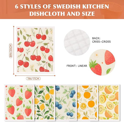Swedish Dishcloths for Kitchen, 6 Pack Reusable Paper Towels, Biodegradable Swedish Rags Dish Towels, Washable Absorbent Cellulose Sponge Cloths No Odor for Cleaning Home Kitchen