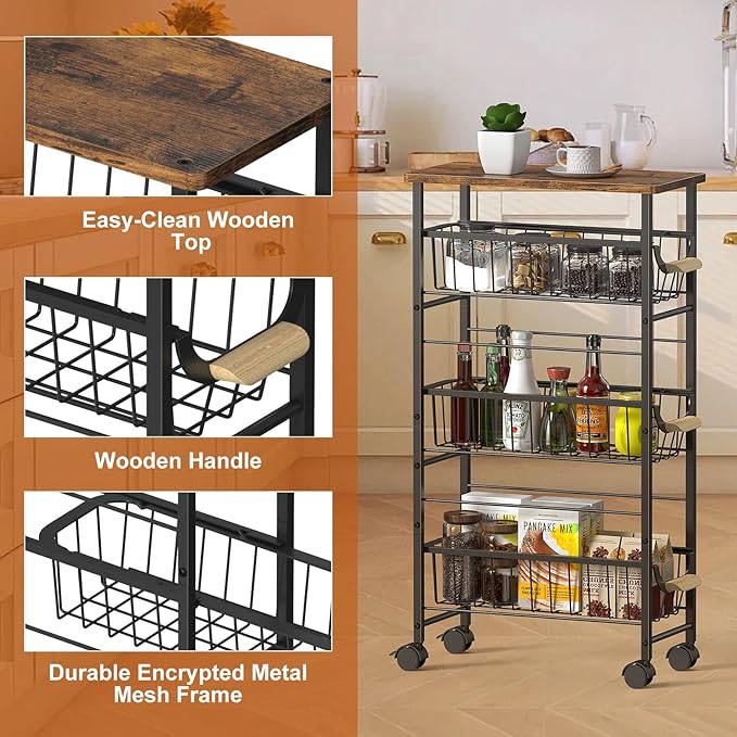 4-Tier Slim Rolling Cart with Pull-Out Baskets & Wooden Top Narrow Mobile Storage Organizer, Multipurpose Utility Cart with Handle for Small Spaces, Kitchen, Bathroom, Laundry Room, Office, Brown