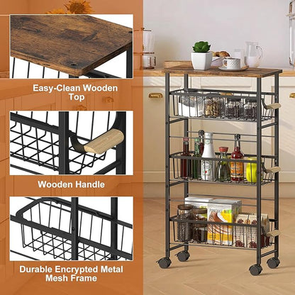 4-Tier Slim Rolling Cart with Pull-Out Baskets & Wooden Top Narrow Mobile Storage Organizer, Multipurpose Utility Cart with Handle for Small Spaces, Kitchen, Bathroom, Laundry Room, Office, Brown