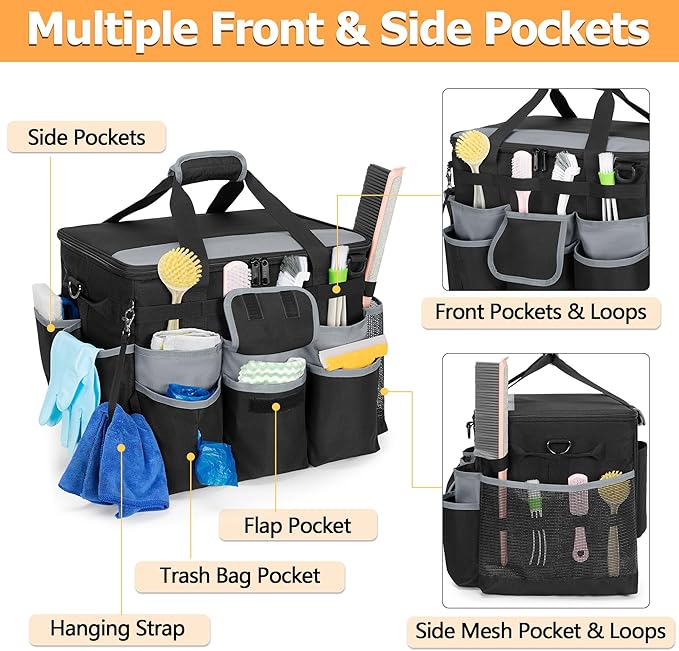 HODRANT Large Rolling Cleaning Caddy with Detachable Trolley & Lid, Cleaning Cart on Wheels with Shoulder Strap & Handles, Cleaning Supplies Organizer with Multi Pockets for Cleaning Tools Storage