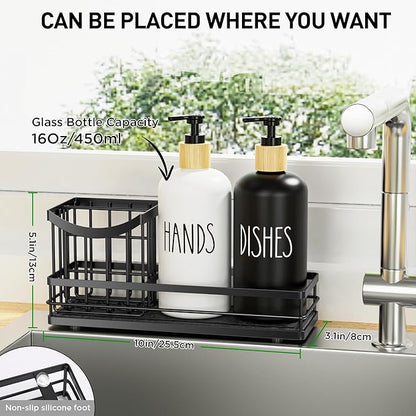 Moforoco Kitchen Dish Soap Dispenser Set, 16OZ Glass Bottle, Hand and Dish Soap Dispenser Set, Instant Dry Tray, Brush Holder with Smiley Face Sponge Holder (Universal Black Tray+Black&White Bottle)