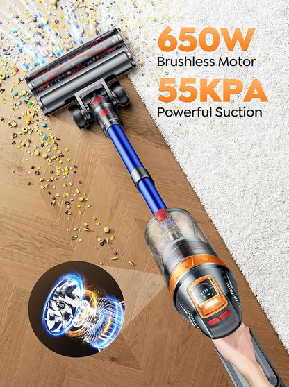 Cordless Vacuum Cleaner, 650W 55KPA 70Min with Extra Mattress Cleaning Tool, Stick Vacuum Cleaners for Home, Self-Standing, Wall Mount Charging, Stick Cordless Vacuum for Floor Pet Hair Carpet