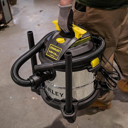 STANLEY Wet/Dry Vacuum SL18115, Stainless Steel Tank, 5 Gallon 4HP Shop Vacuum, Portable Style Ideal for Home/Shop/Jobsite Dust Collection Job with Vacuum Attachments, Silver+Yellow