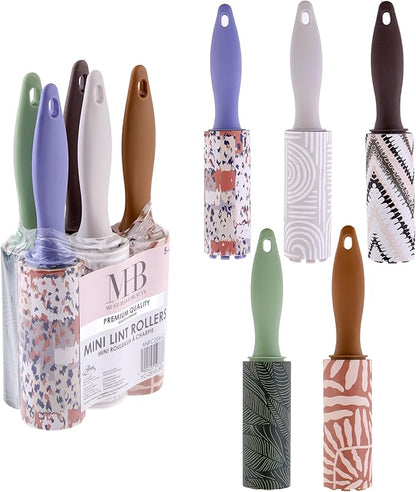 5pc Boho Mini Lint Roller Value Pack – Colorful Compact Rollers for Travel | Pet Hair & Lint Remover for Clothing & Household Use | Portable On-the-Go Lint Removers