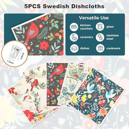 wlich 5PCS Swedish Dishcloths for Kitchen, Reusable Dish Rags for Washing Dishes with Clips, Non-Scratch Kitchen Towels and Dishcloths Sets, Washable Swedish Dish Cloths, No Odor(Birds Flowers)