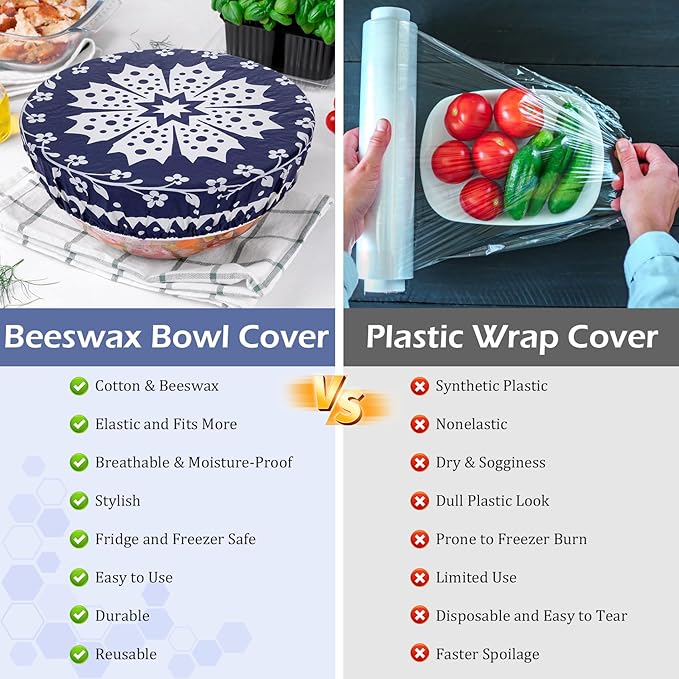2 Large Reusable Beeswax Bowl Covers for Bread Proofing, 10/12 Inch Elastic Beeswax Wraps Cotton Cloth Sourdough Bowl Covers for Proofing Baskets, Mixer Bowls, Food Storage Containers