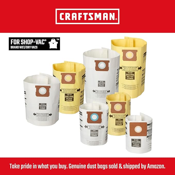 CRAFTSMAN CMXZVBE38775 Fine Dust Wet Dry Vac Dust Collection Bags for Most 5 to 8 Gallon Shop Vacuums, Collects Dry Fine Debris, Reduces Cleanup Time, 2-Pack