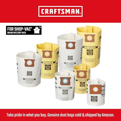 CRAFTSMAN CMXZVBE38775 Fine Dust Wet Dry Vac Dust Collection Bags for Most 5 to 8 Gallon Shop Vacuums, Collects Dry Fine Debris, Reduces Cleanup Time, 2-Pack