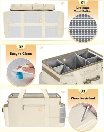 Ytonet Cleaning Caddy Bag with Detachable Apron, Extra Large Cleaning Supplies Organizer with Foldable Dividers, Portable Cleaner Tote with Handle, Cleaner Caddy for Kitchen, Detailing Bag, Apricot