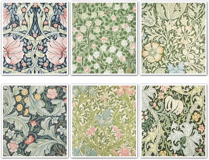 Quera William Morris Swedish Kitchen Dishcloth Vintage Floral Absorbent Cotton Kitchen Dish Towel for Party Home Housewarming Cleaning Counter Wipes 6.7 x 7.7 Inch, 6Pcs
