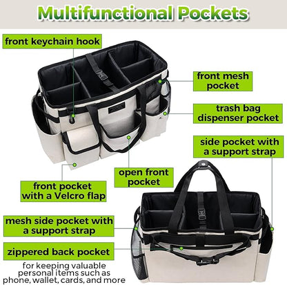 Cleaning Caddy Organizer with Handle - Large Caddy Bag for House & Bathroom Cleaning Supplies, 15 x 8 x 10.5 inches Cleaning Supply Caddy, Housekeeping Tote with Adjustable Strap - Beige