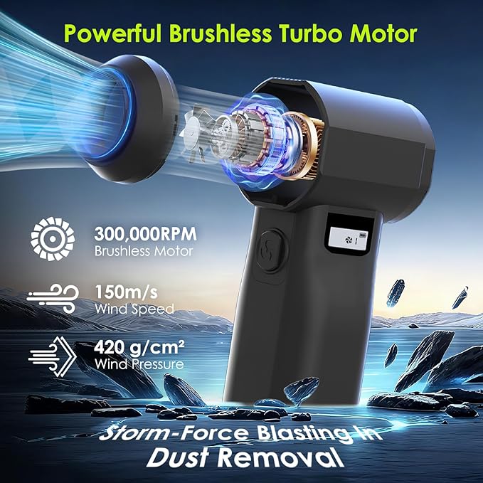 Electric Compressed Air Duster, 300,000RPM Cordless Air Blower for Dust Removal, Duster/Vacuum 2-in-1 with 10 Speeds, 20000mAh Rechargeable & 4 Nozzles Dust Blower for PC, Keyboard, Car, Outdoor