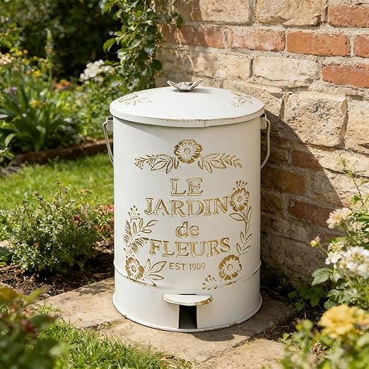 Rustic Farmhouse Decor Trash Can with Lid and Pedal Retro Handmade Distressed Design Pattern Round Garbage Cans Recycling Waste Bin for Home Patio Yard Bathroom Kitchen Garden Living Room White&Gold