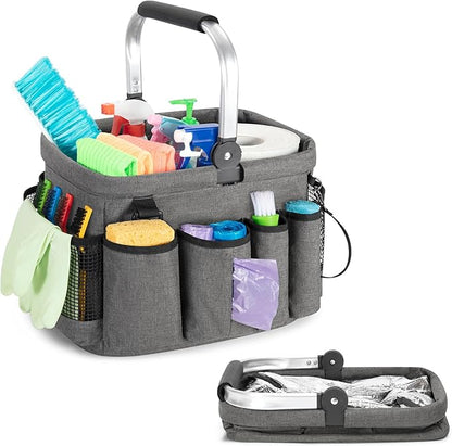 PGmoon Cleaning Caddy Organizer with Handle, Cleaning Tote Bag with Multiple Pockets for Cleaning Supplies, Products Storage, Housekeepers, Car Cleaning, Grey