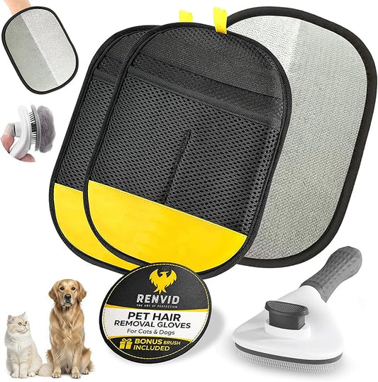 2PCS Pet Hair Removal Gloves & Brush for Cats & Dogs – Electrostatic Lint Remover Mitts – Reusable Fur Cleaning Glove for Couch, Clothes, Car & Furniture – Easy Grooming Magic Brush