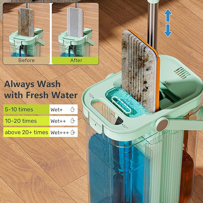 HoMettler 3-Tank Transparent Mop and Bucket Set with Separate Dirty & Clean Water, 65" Flat Mop for Floor Cleaning, 4 Machine Washable Microfiber Pads for Wood Tile - Green