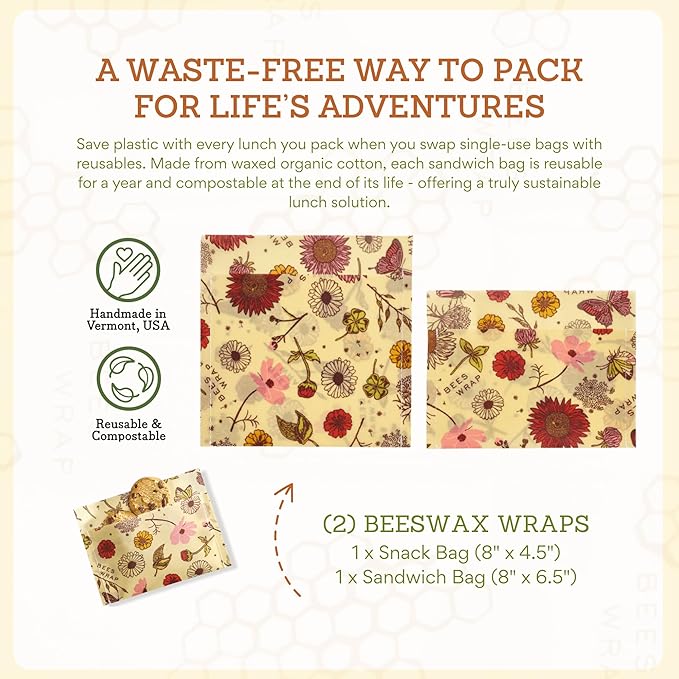 Bee's Wrap Beeswax Wraps for Food - Meadow Magic Sandwich Bag & Snack Bag, Made in USA Reusable & Organic Food Wraps, Sandwich Wrap - Plastic Free Eco-Friendly Alternative to Aluminum Foil