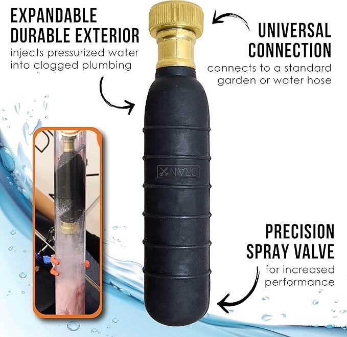 DrainX Hydro Pressure Drain Cleaning Bladder - Fits 1" to 2" Drain Pipes - Unclogs Stubborn Blockages in Bathroom Sinks, Shower Drains, Bathtubs, Plumbing Pipes