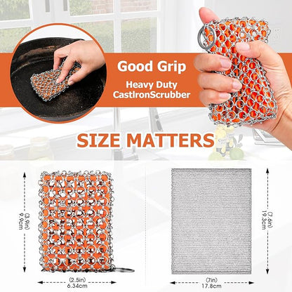 Cast Iron Scrubber with Bamboo Fiber Cloth and Pan Scraper, 316L Cast Iron Cleaner Set – Removes Stains, Protects Coatings, Safe for Dutch Oven, Skillets, Griddles(Orange)