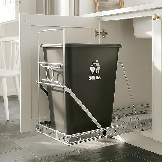 Stainless Steel Slide-Out Trash Bin Rack, Enhanced Heavy-Duty Cabinet Pull-Out System for 7–11 Gallon Cans, Silver (Bin Not Included)