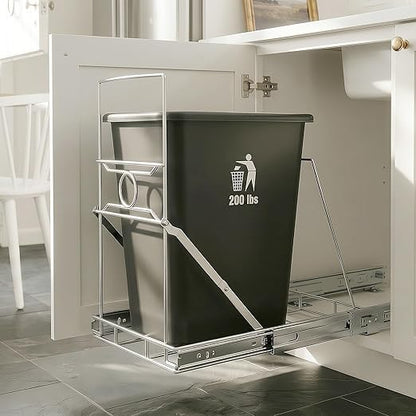 Stainless Steel Slide-Out Trash Bin Rack, Enhanced Heavy-Duty Cabinet Pull-Out System for 7–11 Gallon Cans, Silver (Bin Not Included)
