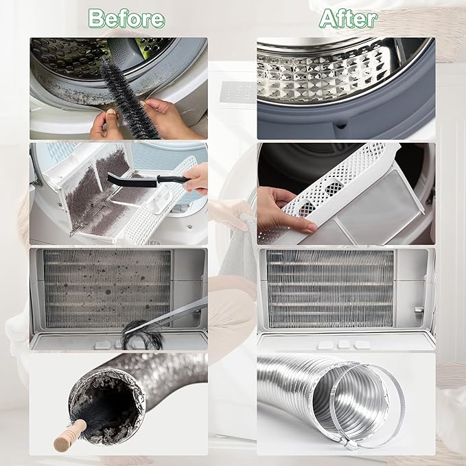 5 Pcs Dryer Vent Cleaner Kit Compatible with Most Vacuum Cleaner, Dryer Lint Brush and Vacuum Hose Attachment with Universal Elastic Connector, Tweezers for Large Debris, Quickly Lint Remover