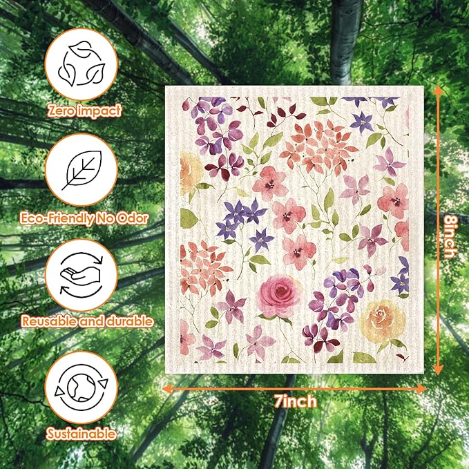 Floral Swedish Dish Cloths - 6 Pack Reusable Compostable Kitchen Cloth,Cellulose Sponge Dish Cloths Dish Towel Set