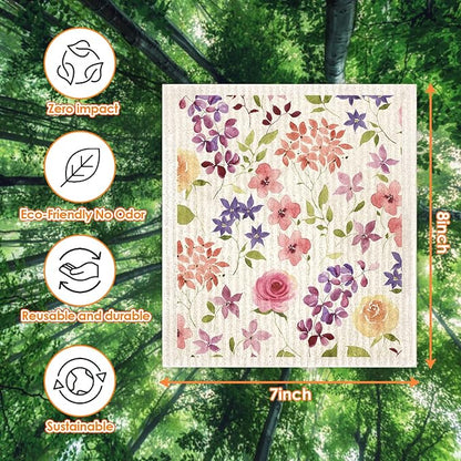 Floral Swedish Dish Cloths - 6 Pack Reusable Compostable Kitchen Cloth,Cellulose Sponge Dish Cloths Dish Towel Set