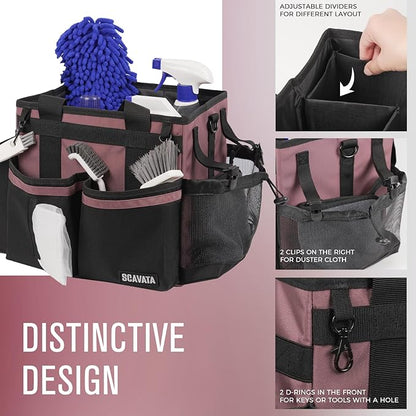 SCAVATA Compact Wearable Cleaning Caddy, Small Cleaning Caddy Supplies Organizer with Handle & Shoulder Straps for Housekeepers, Under Sink & Car Cleaning Tool Organizers Bag (LotusPink)