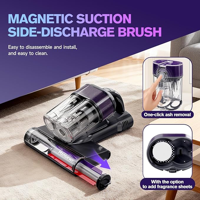 Mxnsewr Mattress Vacuum Cleaner, Ultrasonic Bed Vacuum Cleaner with 18Kpa Strong Suction, 150°F Heat & 253.7nm UV-C Light, Intelligent Dual Cup, One-Click Dust Removal for Bed, Sofa, Pet Hair, Gray