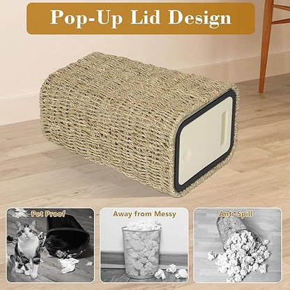 Trongee Boho Trash Can with Lid,3 Gallon Small Rattan Trash Can with Press Top Lid,Slim Wicker Waste Basket and Hamper 2 in 1 for Bathroom,Seagrass Woven Garbage Can Trash Basket for Bathroom,Kitchen