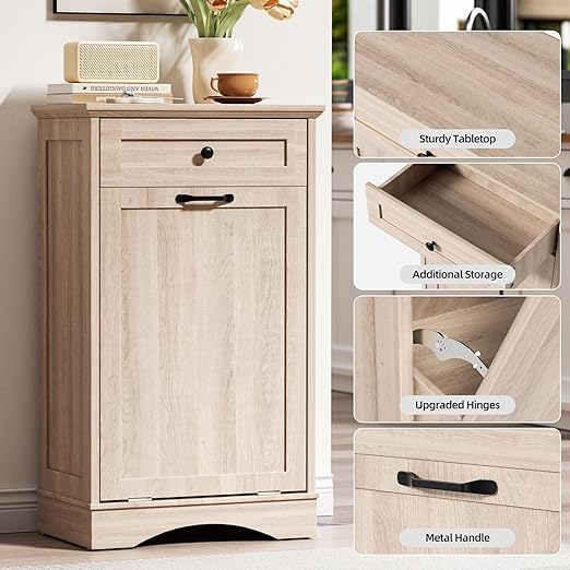 AHB 13 Gallons Tilt Out Trash Cabinet Hidden Trash Can Cabinet Freestanding Garbage Recycling Cabinet with Hideaway Drawer Pet Proof Trash Bin for Kitchen Living Room, Natural