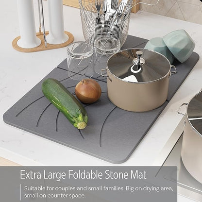 LARGE | PREMIUM | Stone Dish Mat + Bamboo Rack | 24” x 16” | Foldable (Dark Gray)