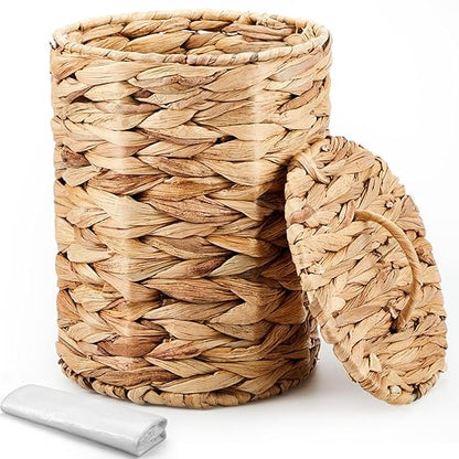 Ctosree 1.3 Gallons Small Trash Can with Lid Handle Boho Woven Braided Bathroom Waste Basket Trash Can with 100 Garbage Bags for Bedroom Office Laundry (Natural, Braided Wicker, Round)