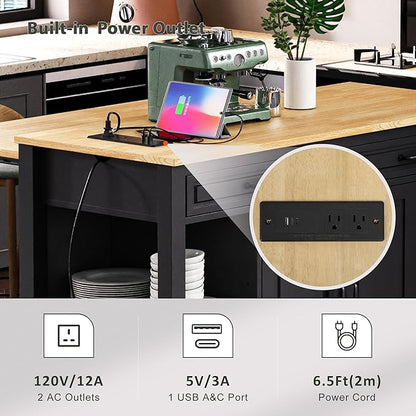 47" Kitchen Island with Extendable Dining Table, Movable Farmhouse Kitchen Islands with Storage Rack, Power Outlet, Island Table on Wheels with 2 Storage Drawers & 2 Cabinets, Black