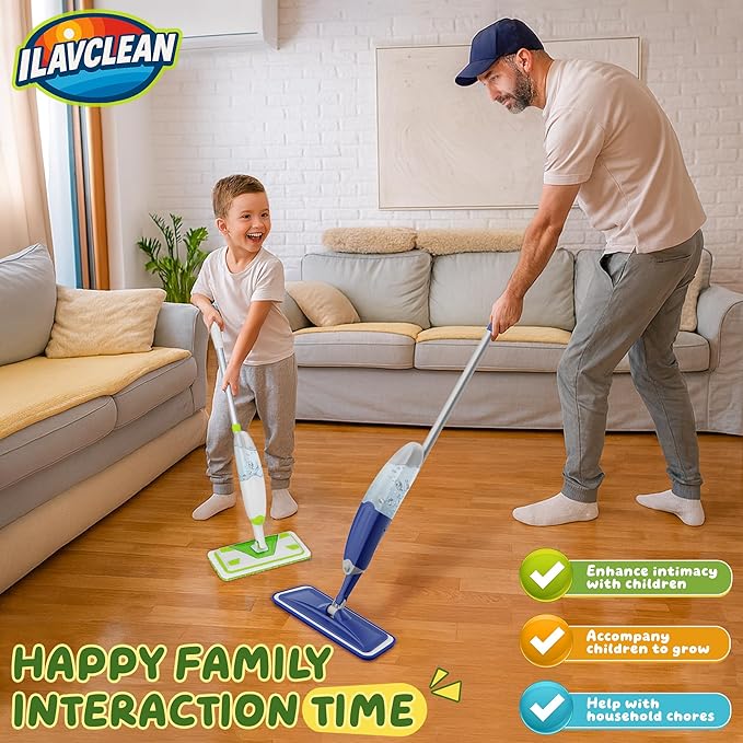 2-Set Toy Mop for Kids - Toddler Real Spray Flat Floor Mop Montessori Cleaning Toy Set, Educational and Fun Gifts for Boys and Girls Ages 4+