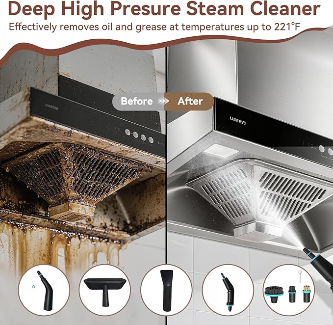 Handheld Steam Cleaner with 1.32 Quarts Tank & 15s fast Heat-Up, 13 Attachments.Portable High Pressuer Hand Held Stemer for home,Kitchen, Bathroom, Windows and Floors.Steamer for Cleaning