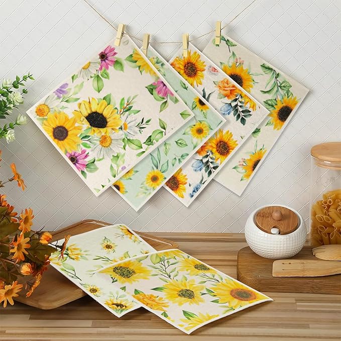 6 - Pack Swedish Kitchen Dish Cloths - Reusable Paper Towels for Counters & Dishes - Eco Friendly Cellulose Sponge Cloth (Sunflower)