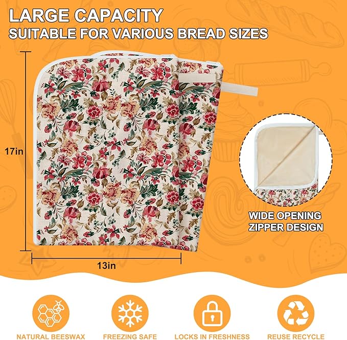 2-Pack Beeswax Lining Bread Bags for Bread Freshness, Reusable Beeswax Bread Bag for Sourdough, Floral Bees wax Bread Bags for Homemade Bread with Zipper | Zipper