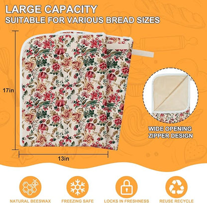 2-Pack Beeswax Lining Bread Bags for Bread Freshness, Reusable Beeswax Bread Bag for Sourdough, Floral Bees wax Bread Bags for Homemade Bread with Zipper | Zipper